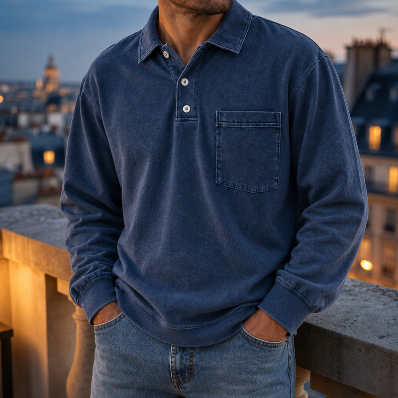 Estepona Vintage Washed Henley Sweatshirt in Navy
