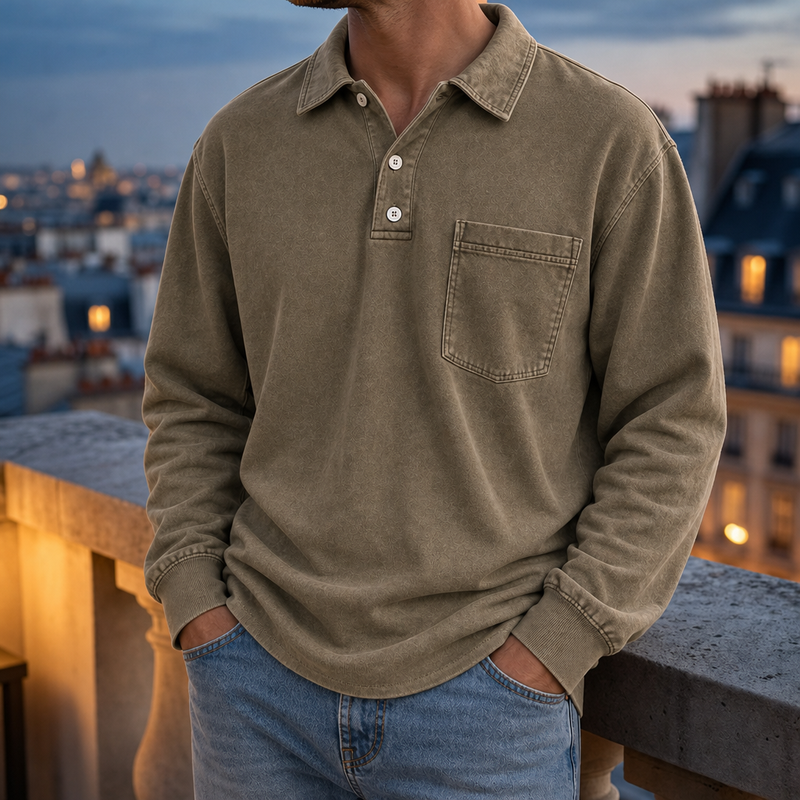 Estepona Vintage Washed Henley Sweatshirt in Dark Khaki