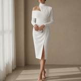 Estoril Ruched Asymmetrical Midi Dress in White