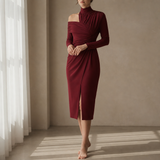 Estoril Ruched Asymmetrical Midi Dress in Burgundy