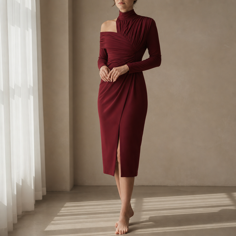 Estoril Ruched Asymmetrical Midi Dress in Burgundy