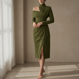 Estoril Ruched Asymmetrical Midi Dress in Green