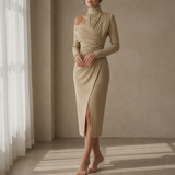 Estoril Ruched Asymmetrical Midi Dress in Khaki