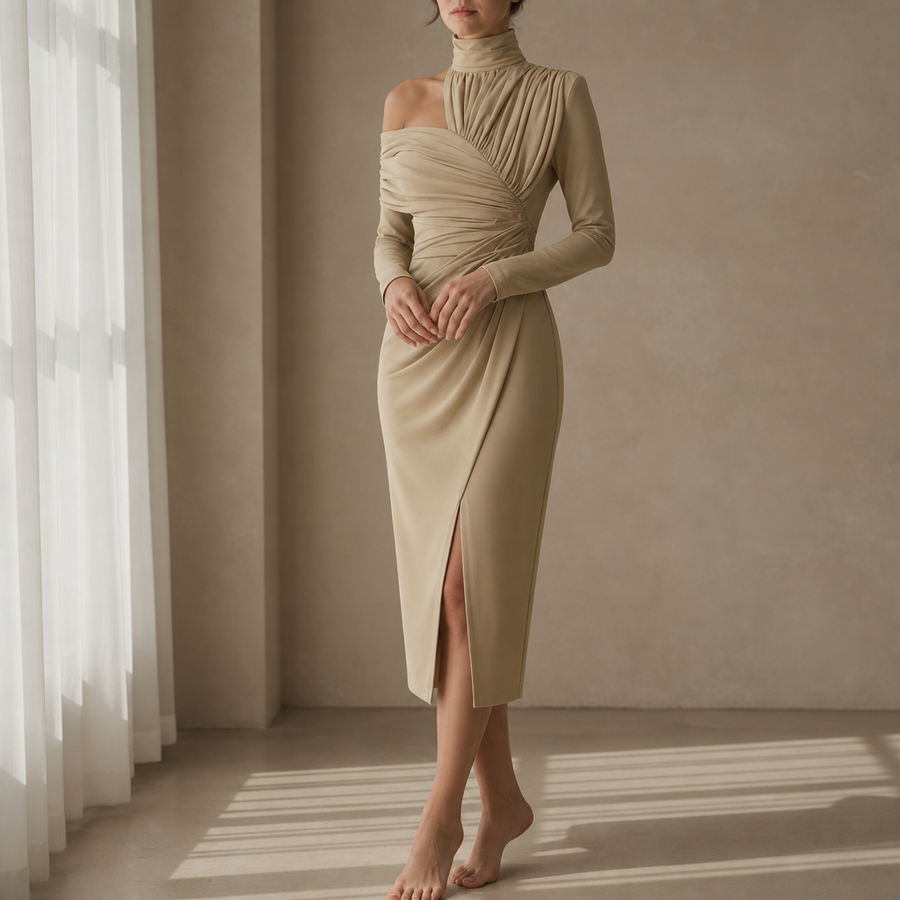 Estoril Ruched Asymmetrical Midi Dress in Khaki