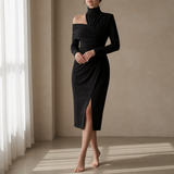 Estoril Ruched Asymmetrical Midi Dress in Black