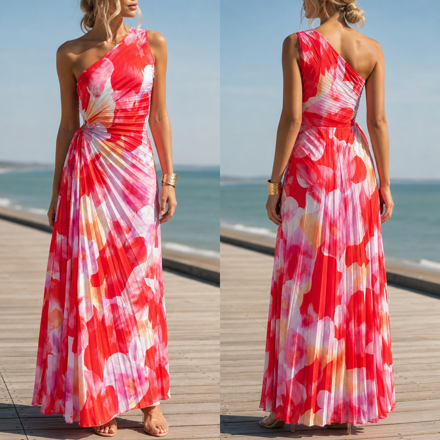 Ferrara Asymmetrical Pleated Dress in Red Floral