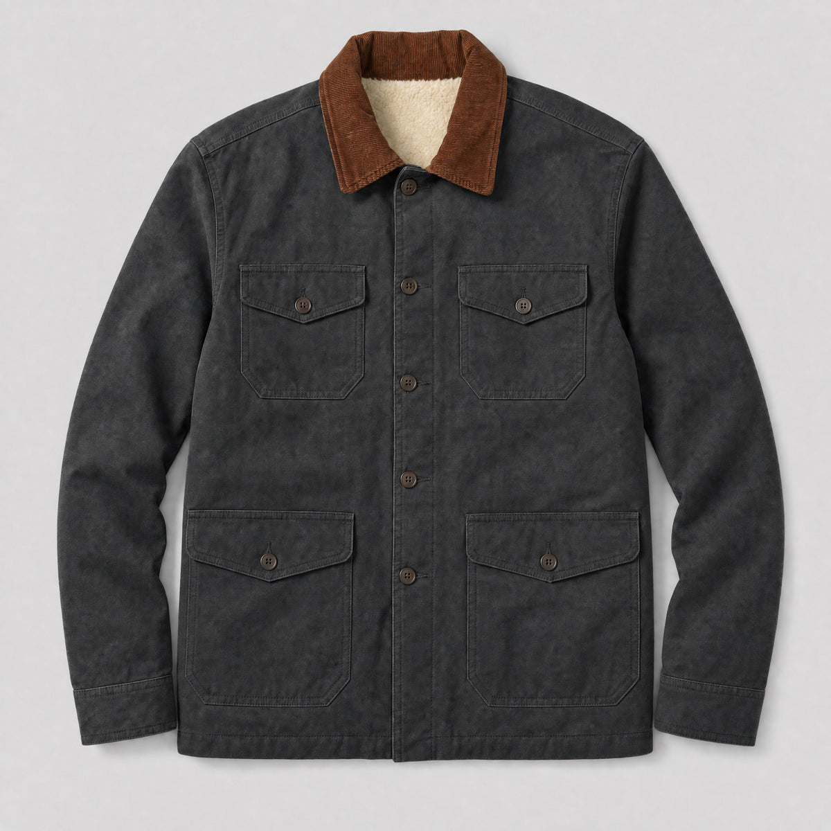 The Foreman Men's Fleece-Lined Canvas Field Jacket in Coal, flat lay