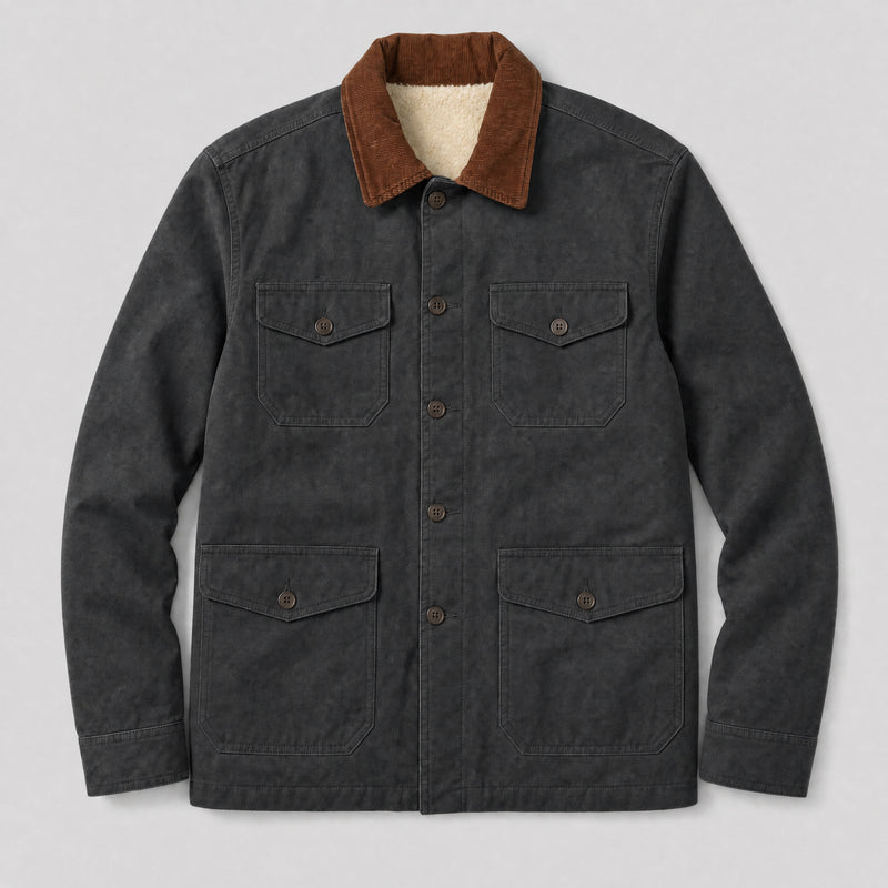 The Foreman Men's Fleece-Lined Canvas Field Jacket in Coal, flat lay