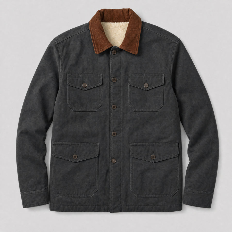 The Foreman Men's Fleece-Lined Canvas Field Jacket in Coal, flat lay
