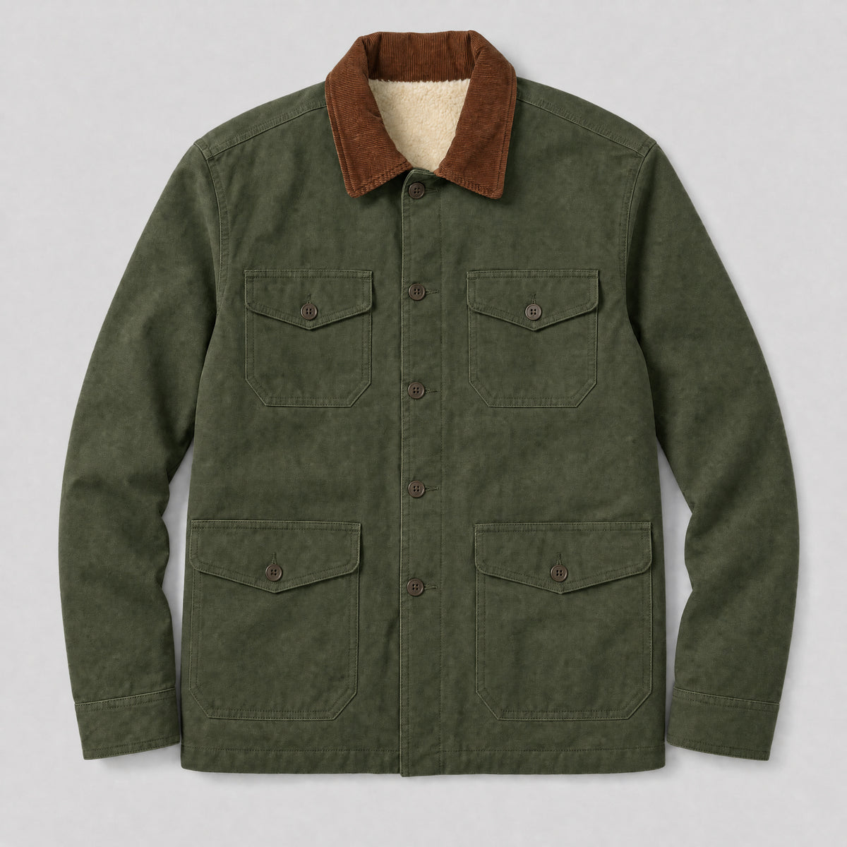 The Foreman Men's Fleece-Lined Canvas Field Jacket in Field Green, flat lay