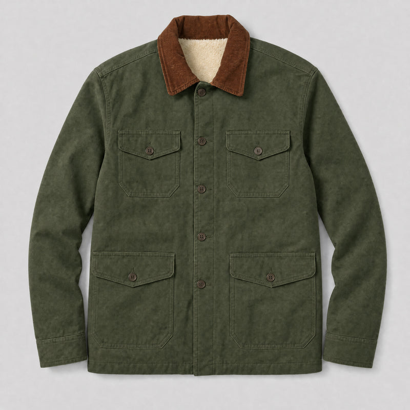 The Foreman Men's Fleece-Lined Canvas Field Jacket in Field Green, flat lay