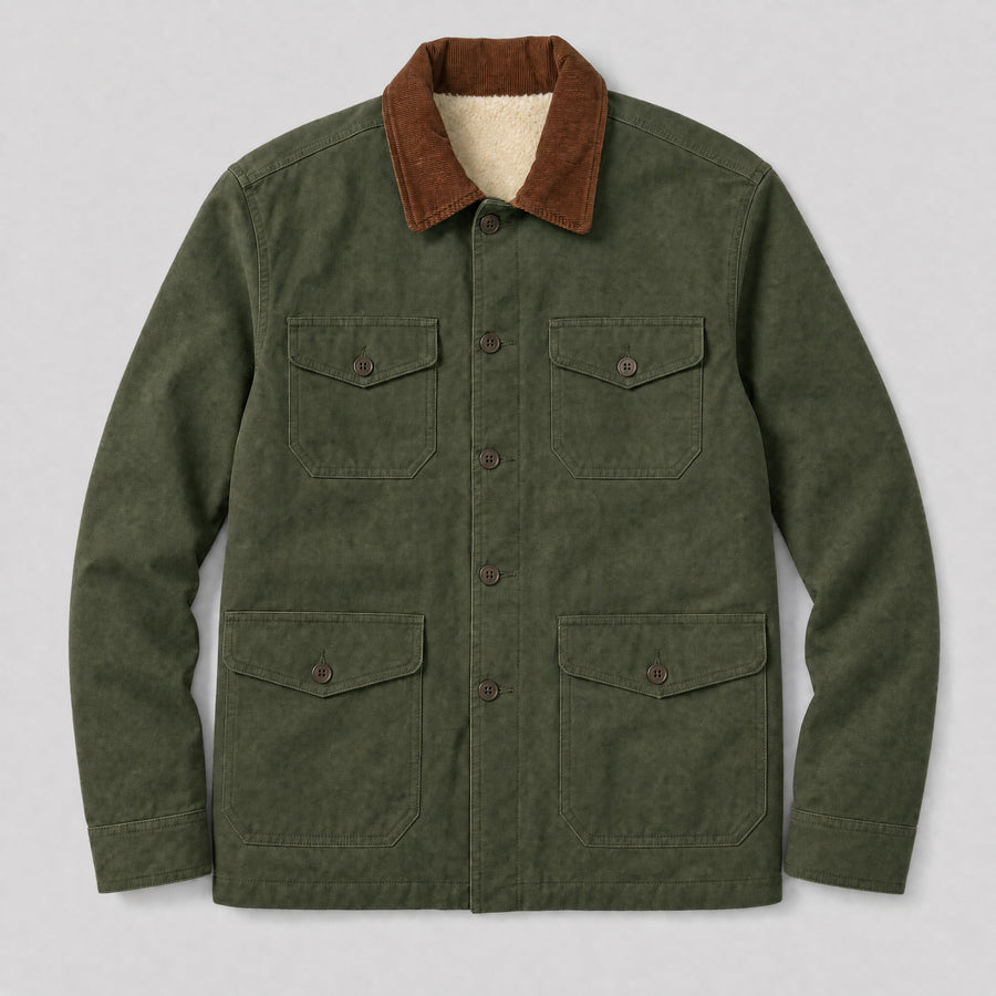 The Foreman Men's Fleece-Lined Canvas Field Jacket in Field Green, flat lay