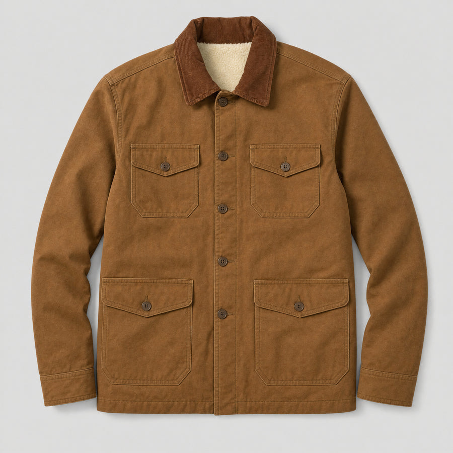The Foreman Men's Fleece-Lined Canvas Field Jacket in Saddle Brown, flat lay
