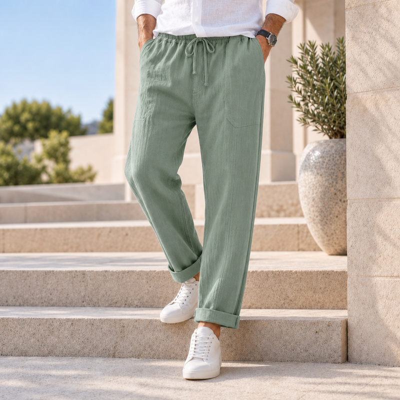 Funchal Linen Blend Loose Pants in Sage Green