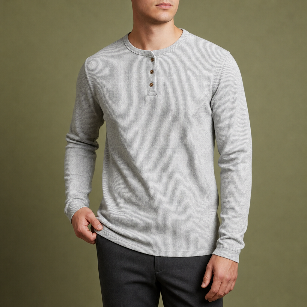 Gallipoli Waffle Knit Henley in Light Gray