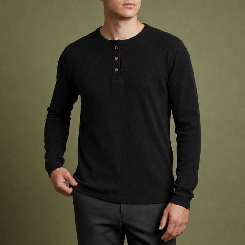 Gallipoli Waffle Knit Henley in Black