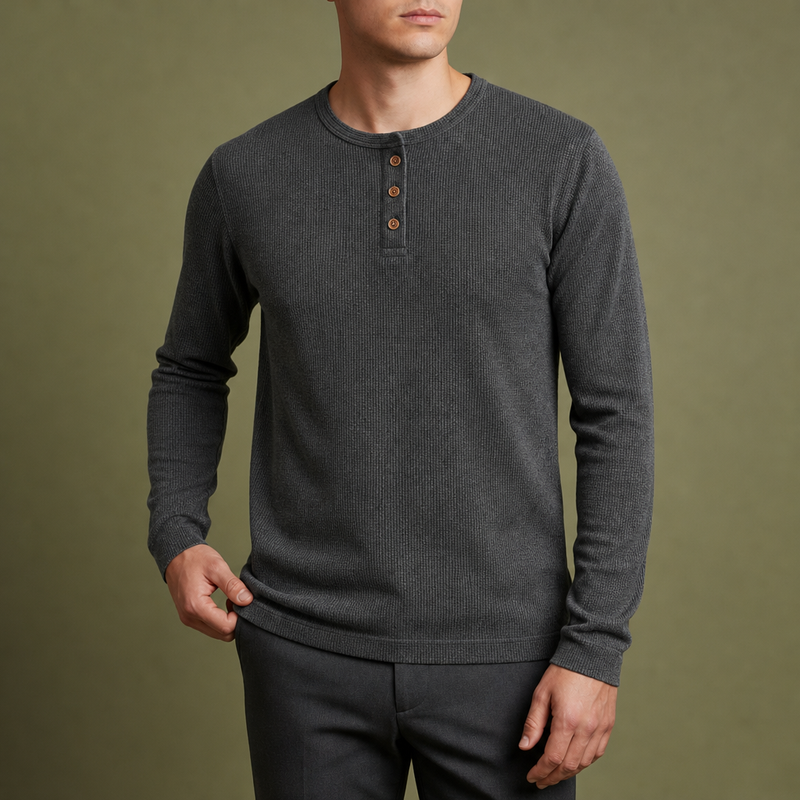 Gallipoli Waffle Knit Henley in Dark Gray