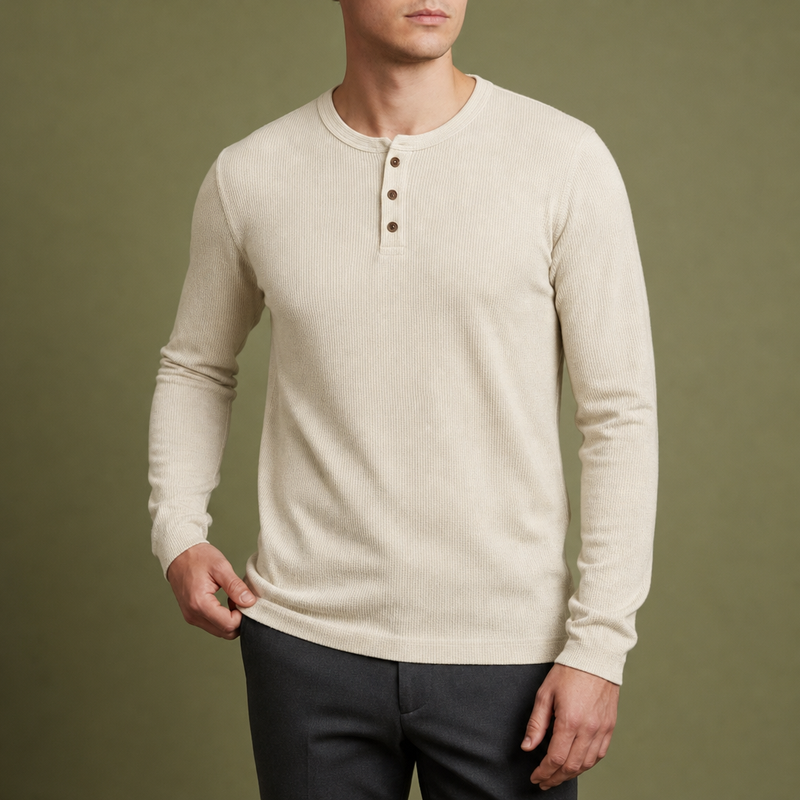 Gallipoli Waffle Knit Henley in Cream