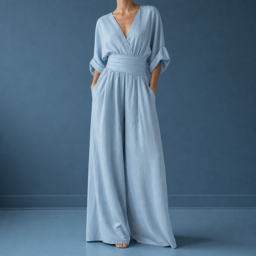 Gozo Wide-Leg Wrap Jumpsuit in Sky Blue