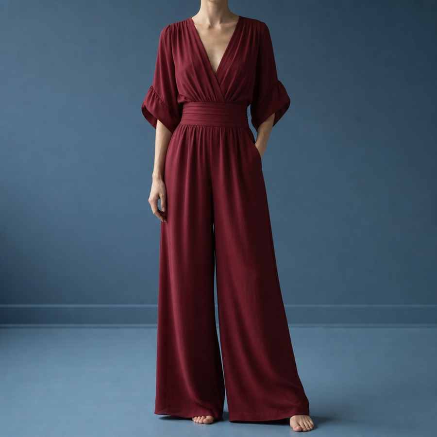 Gozo Wide-Leg Wrap Jumpsuit in Wine