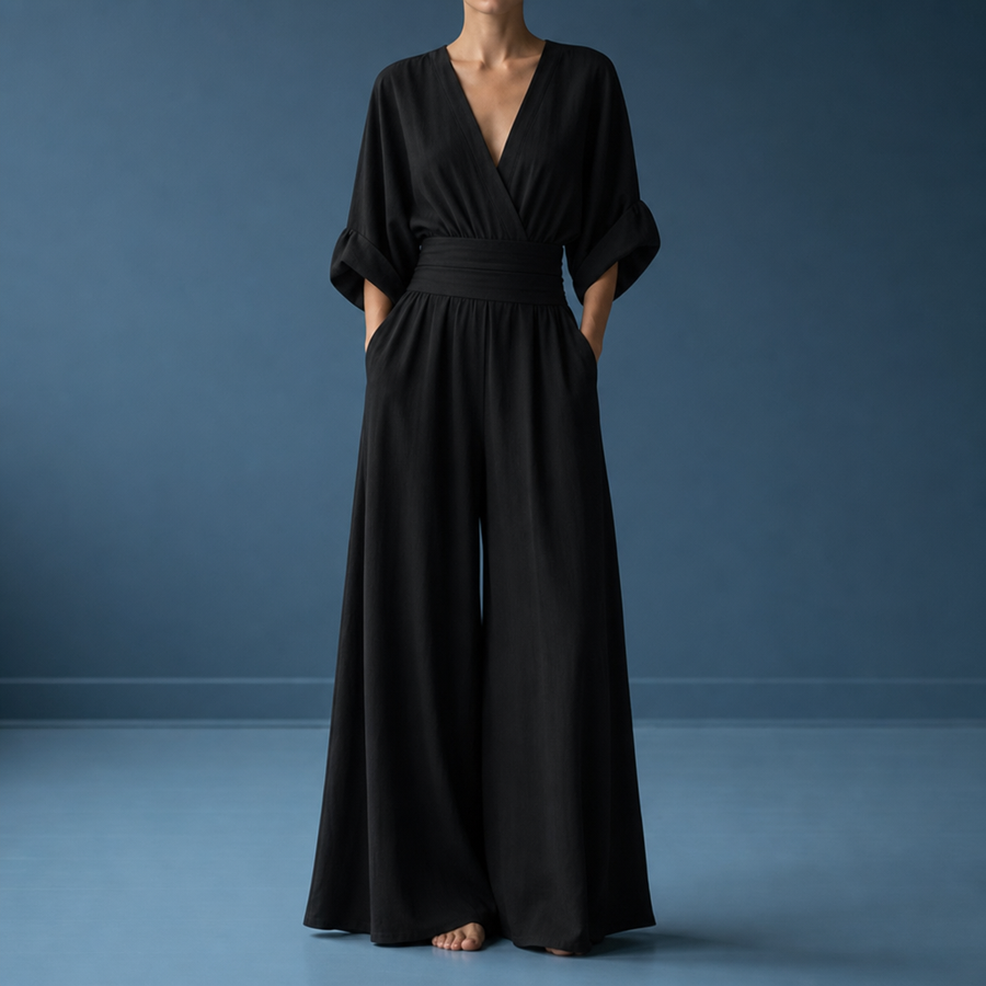 Gozo Wide-Leg Wrap Jumpsuit in Black