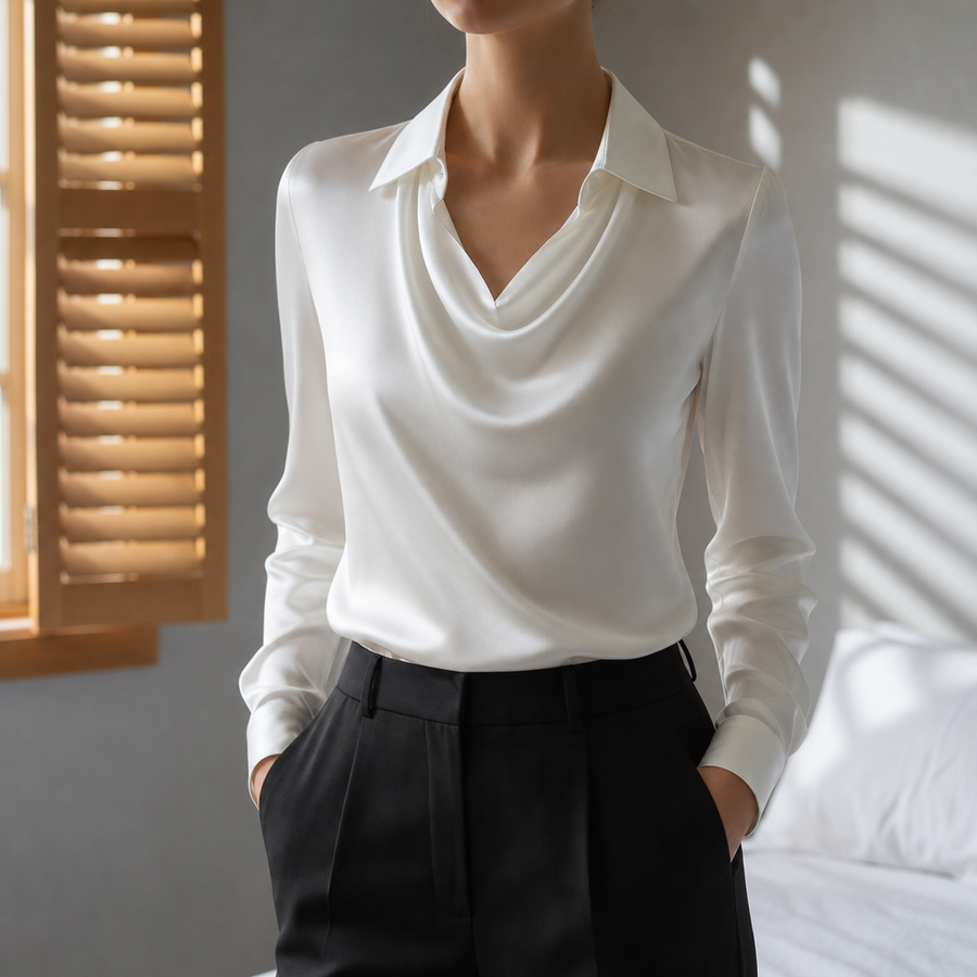 Grasse Draped Neck Satin Blouse in White