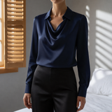 Grasse Draped Neck Satin Blouse in Navy