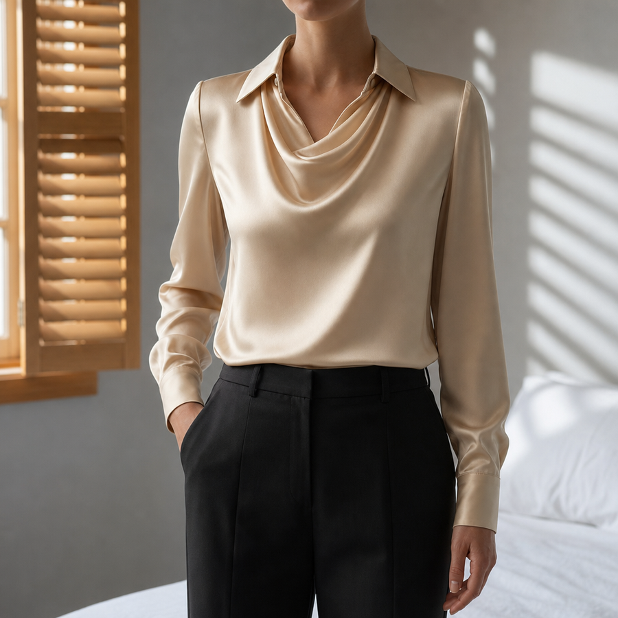 Grasse Draped Neck Satin Blouse in Apricot