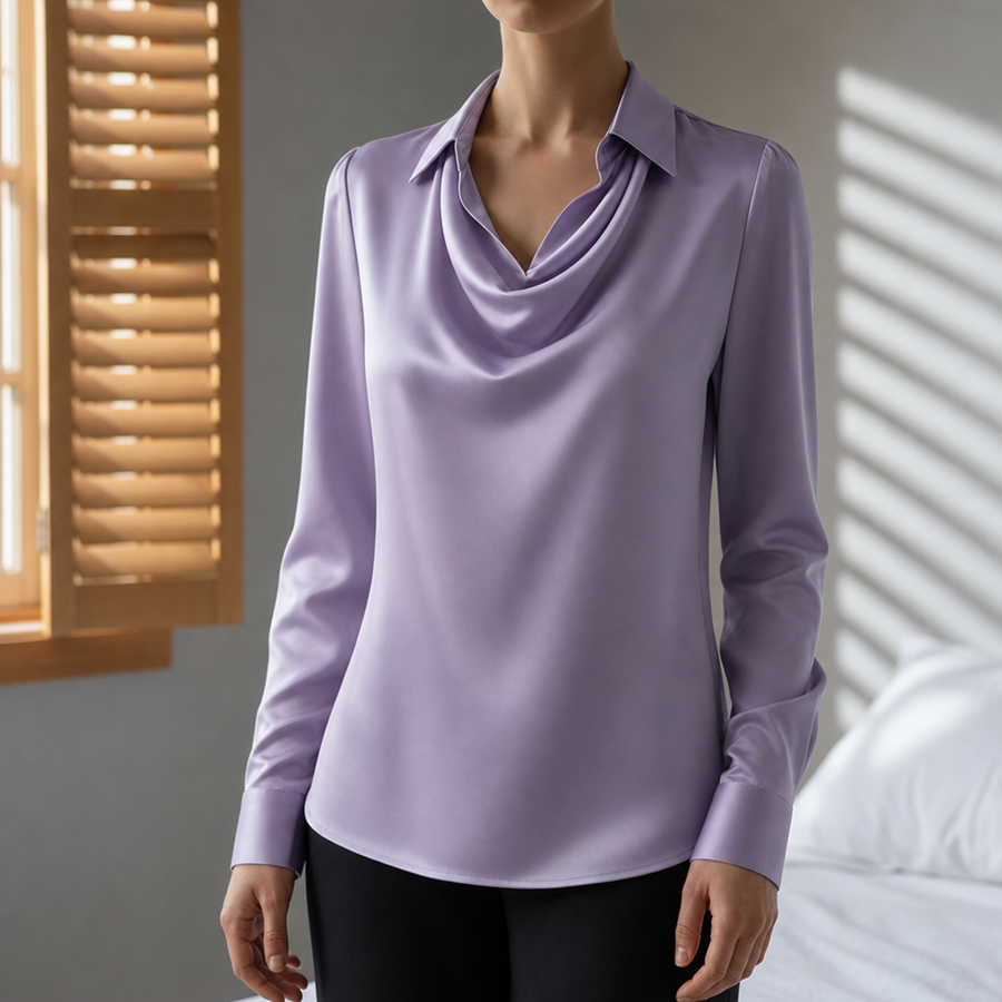 Grasse Draped Neck Satin Blouse in Purple