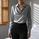 Grasse Draped Neck Satin Blouse in Grey