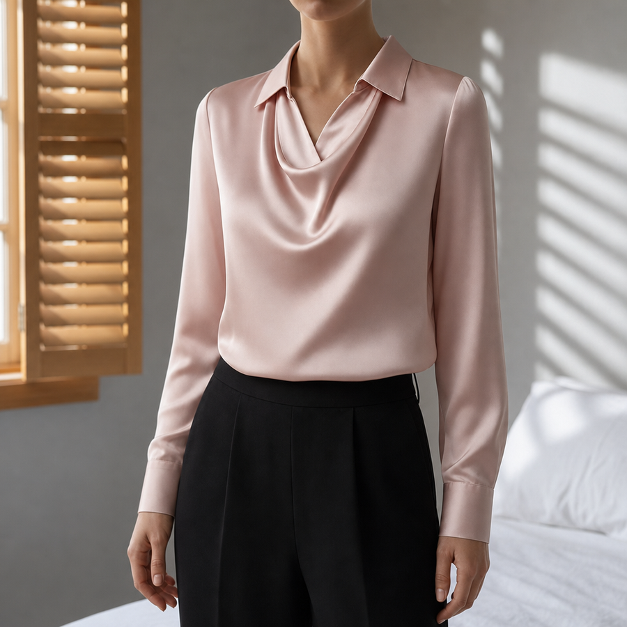 Grasse Draped Neck Satin Blouse in Pink