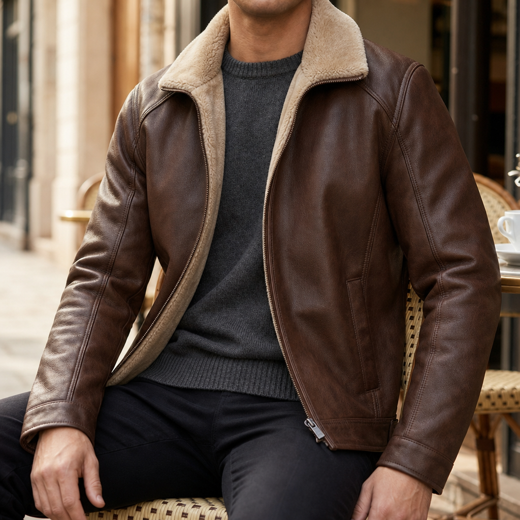 Grasse Shearling Lined Leather Jacket in Brown