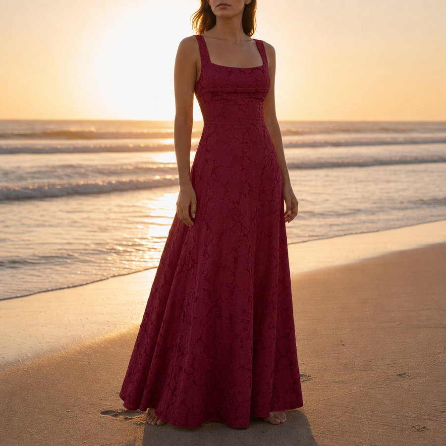 Hondarribia Floral Lace Maxi Gown in Red