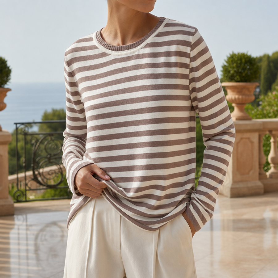 Ravello Striped Long Sleeve Top in Caramel Brown
