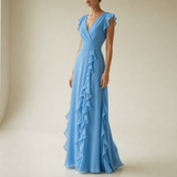 Ierapetra Ruffle Chiffon Maxi Dress in Blue