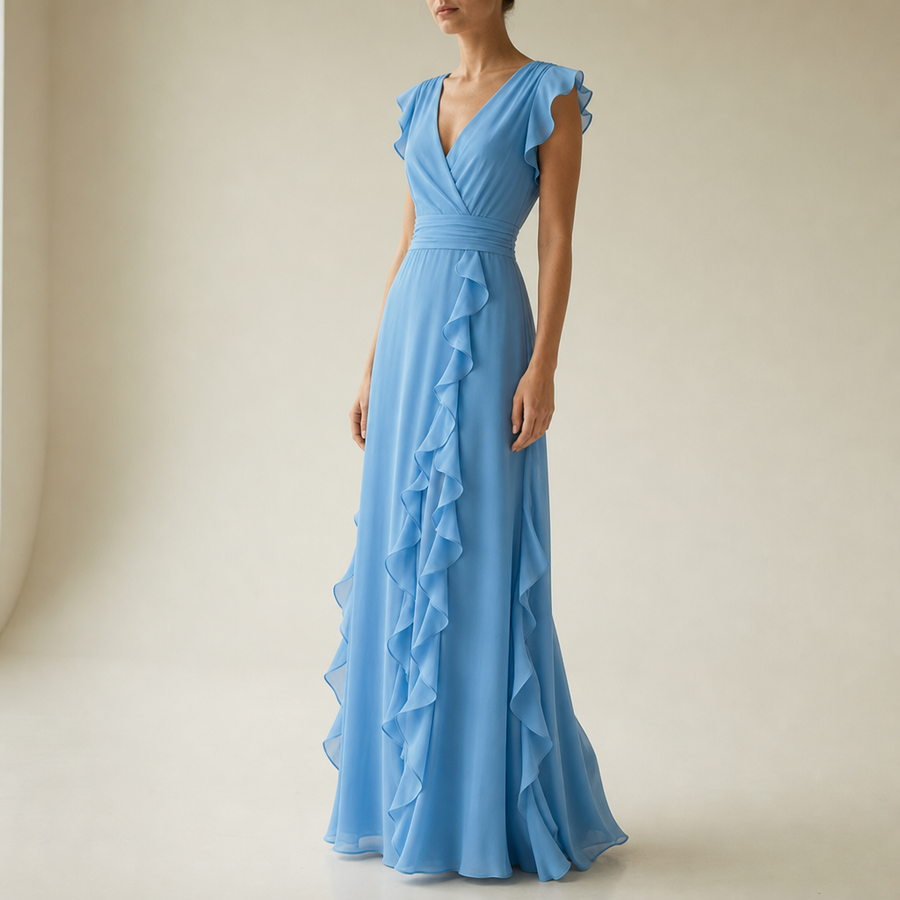 Ierapetra Ruffle Chiffon Maxi Dress in Blue
