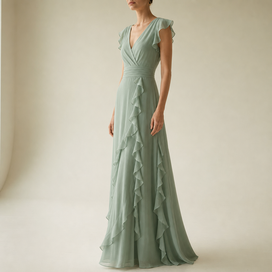 Ierapetra Ruffle Chiffon Maxi Dress in Sage