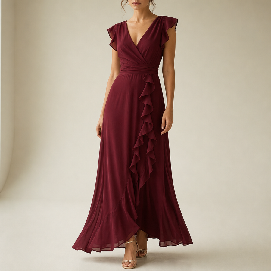 Ierapetra Ruffle Chiffon Maxi Dress in Wine