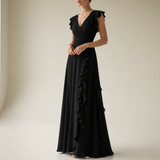 Ierapetra Ruffle Chiffon Maxi Dress in Black