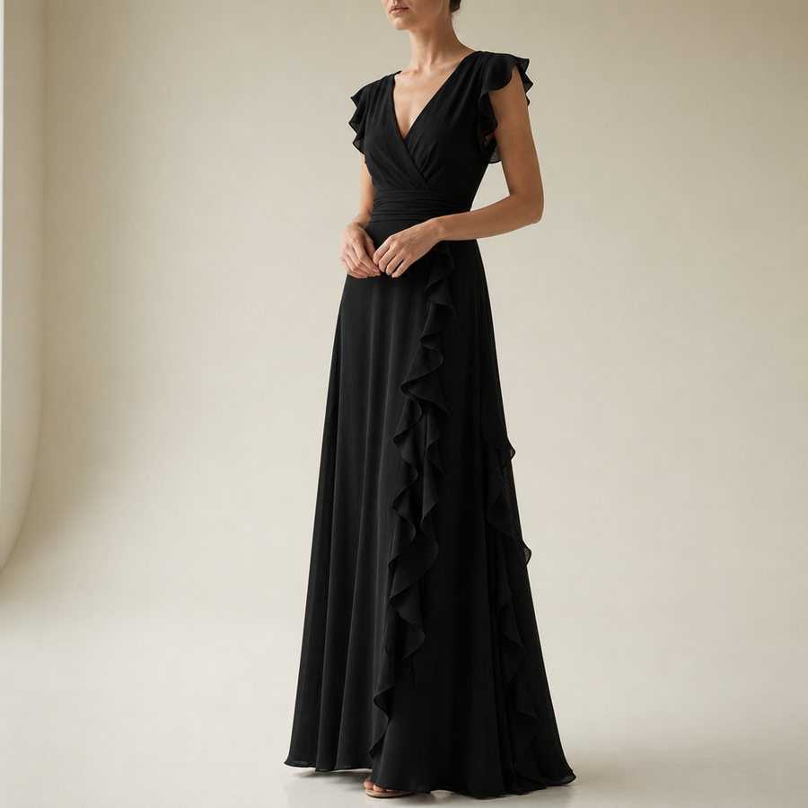 Ierapetra Ruffle Chiffon Maxi Dress in Black