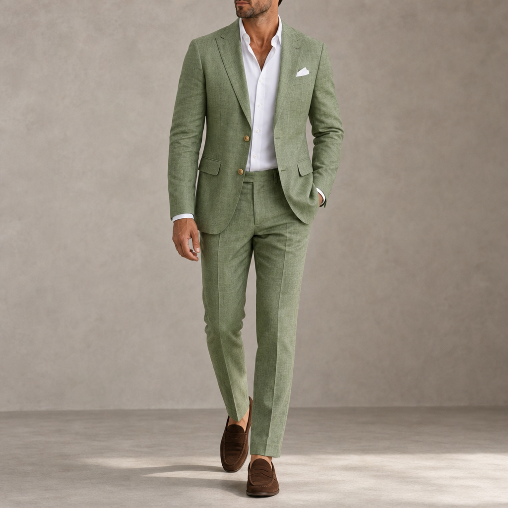 Ios Linen Slim Fit Suit in Green