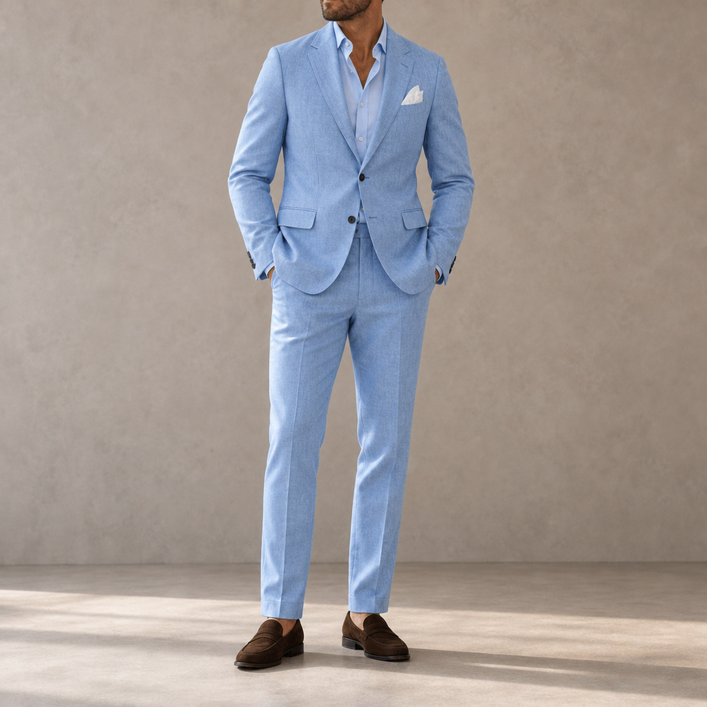 Ios Linen Slim Fit Suit in Sky Blue