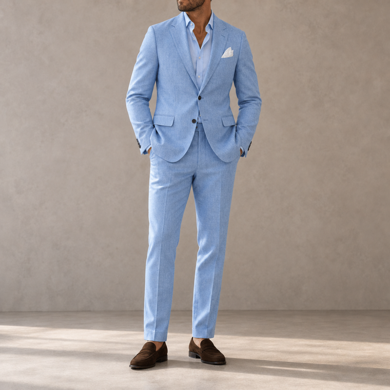 Ios Linen Slim Fit Suit in Sky Blue