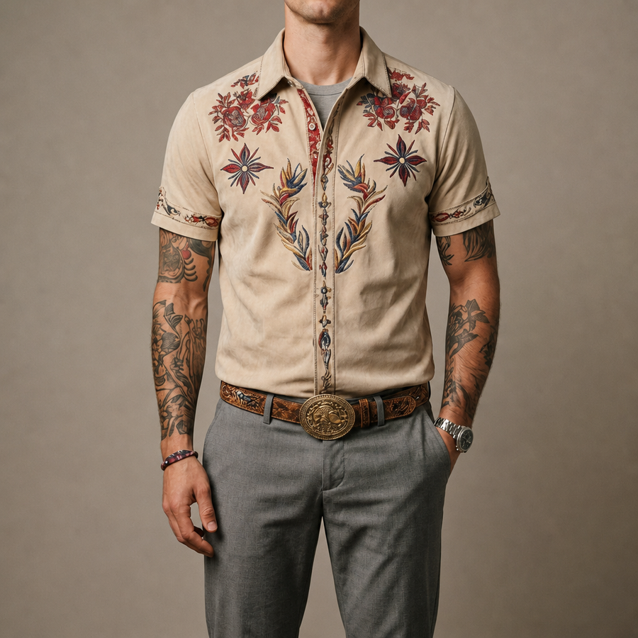 Ithaca Western Embroidered Shirt in Beige