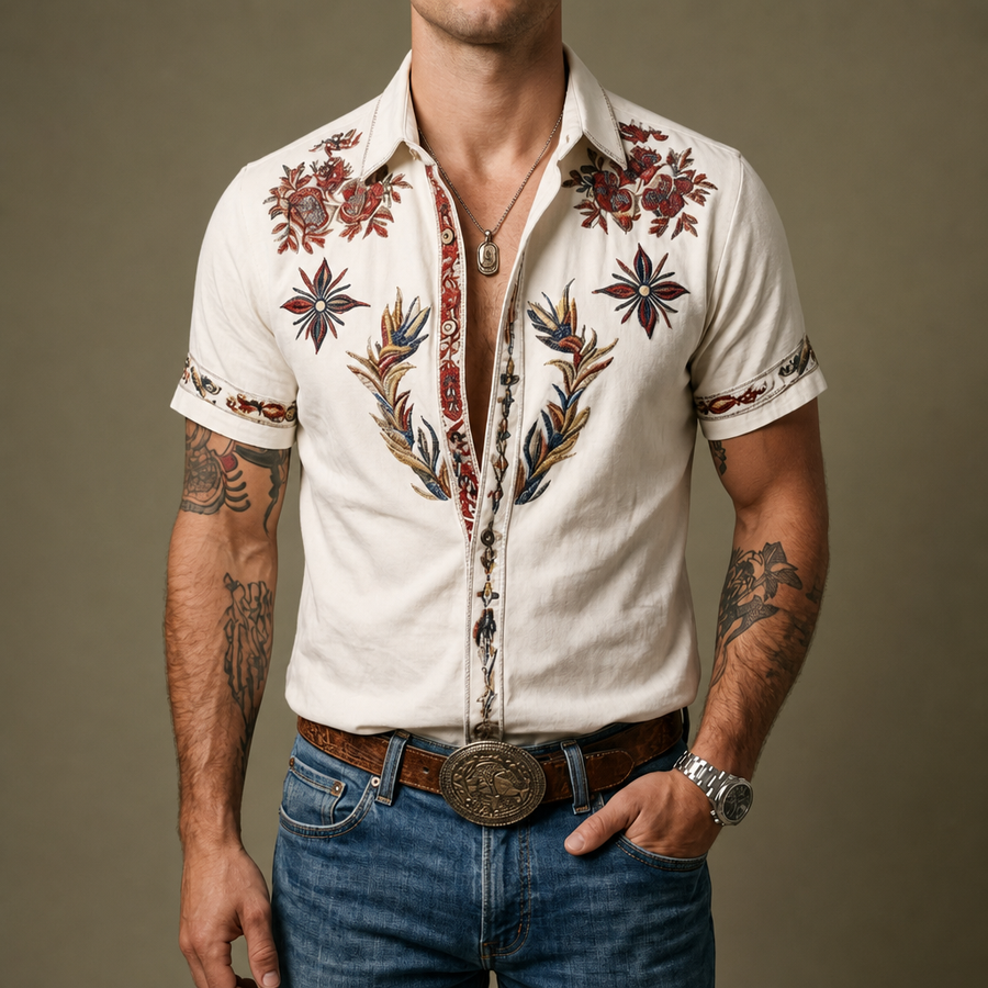 Ithaca Western Embroidered Shirt in White
