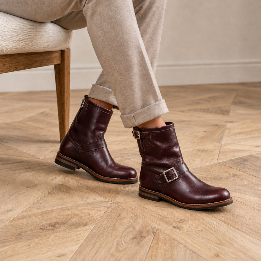 Kea Vintage Leather Engineer Boots in Burgundy Red