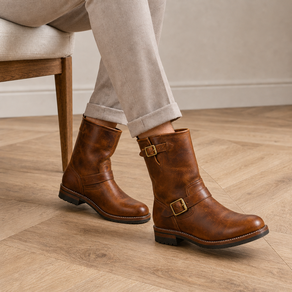 Kea Vintage Leather Engineer Boots in Cognac Brown