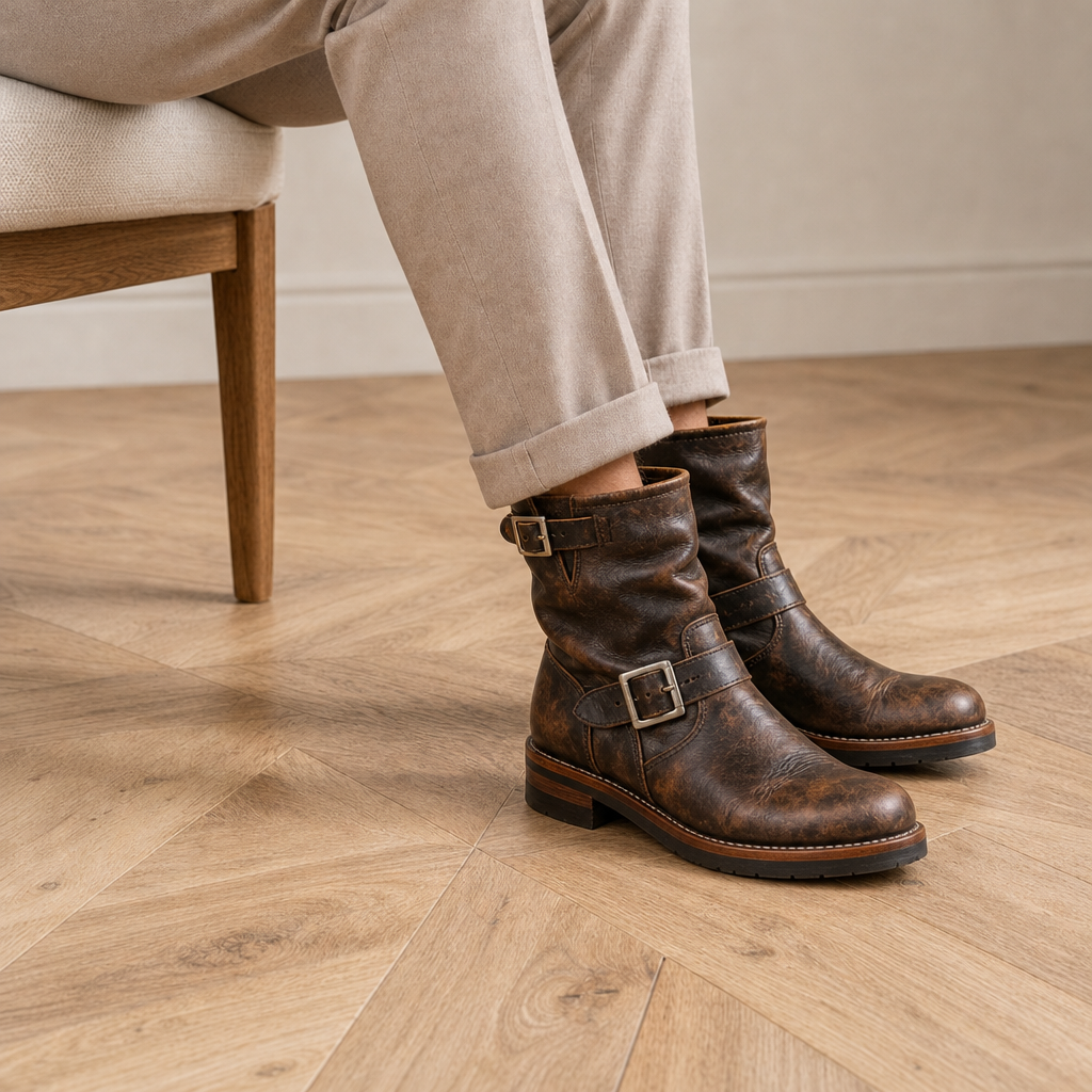 Kea Vintage Leather Engineer Boots in Retro Brown