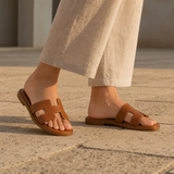 Korcula Orthopedic H-Strap Leather Slides in Brown