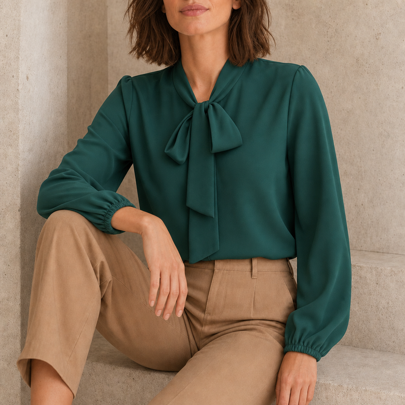 Kythnos Bow-Tie Neck Blouse in Forest Green